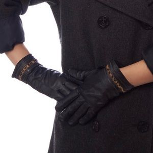 Etouch Leather Gloves with Leopard Trim E-touch